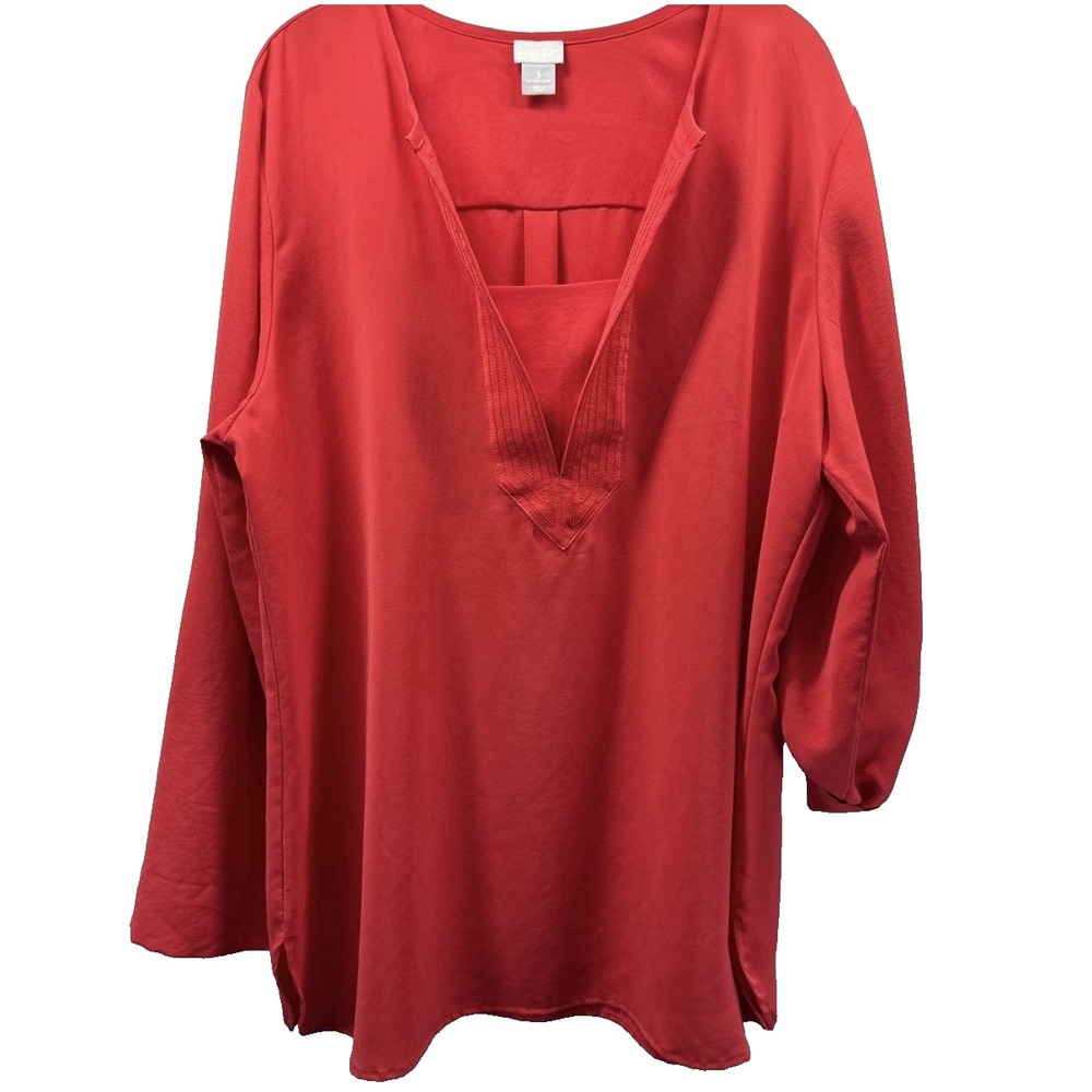 Chicos Women's Tunic Top Size XL Solid Red Roll Tab Button Long Sleeves Pullover